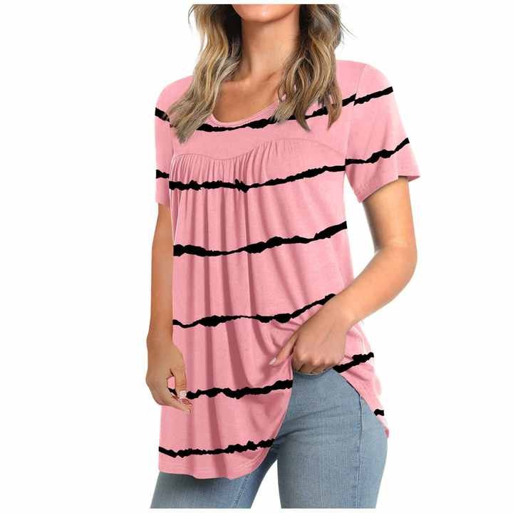 Summer Short Sleeve Ladies Shirts Blouses Tops Women Casual Print White Shirts for Women Round Neck Loose Cotton Shirts Women
